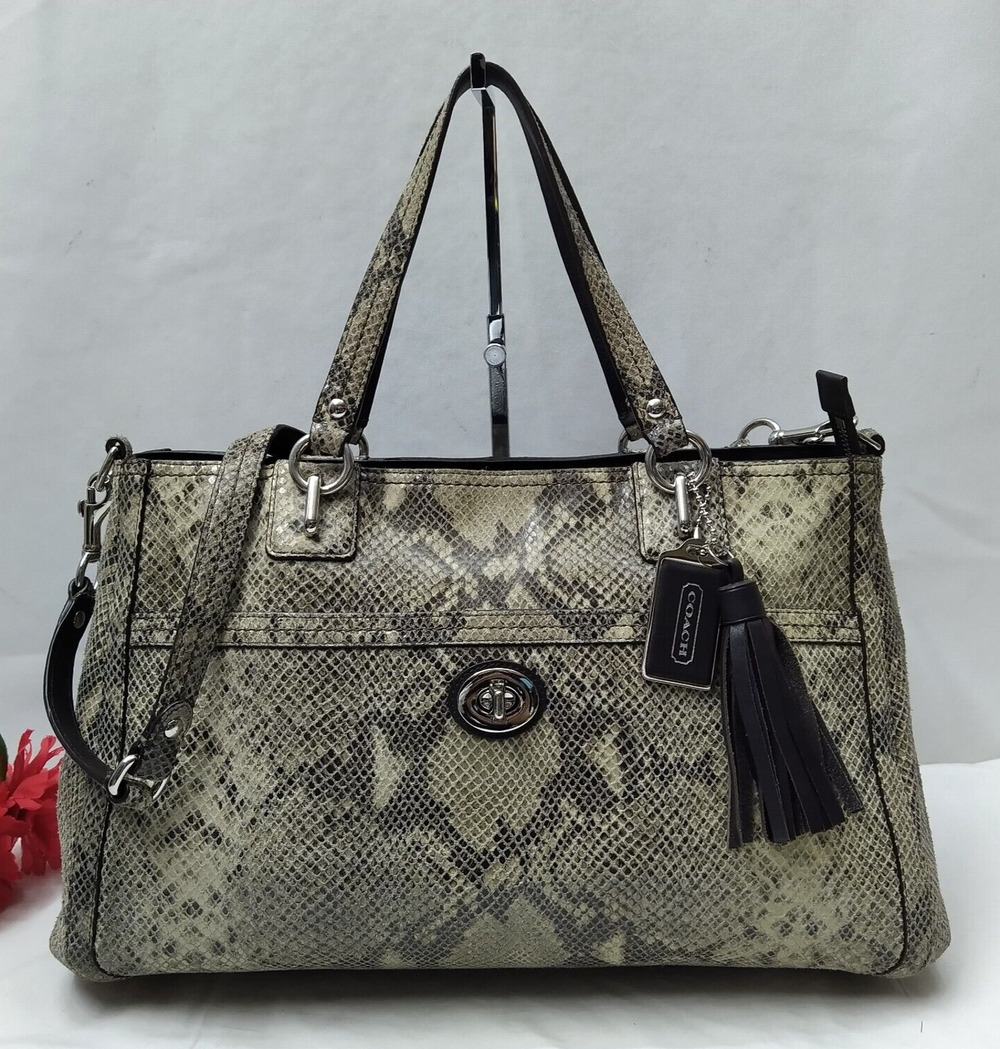 Coach Park Python Leather Carryall Turnlock Double Handles Satchel Bag